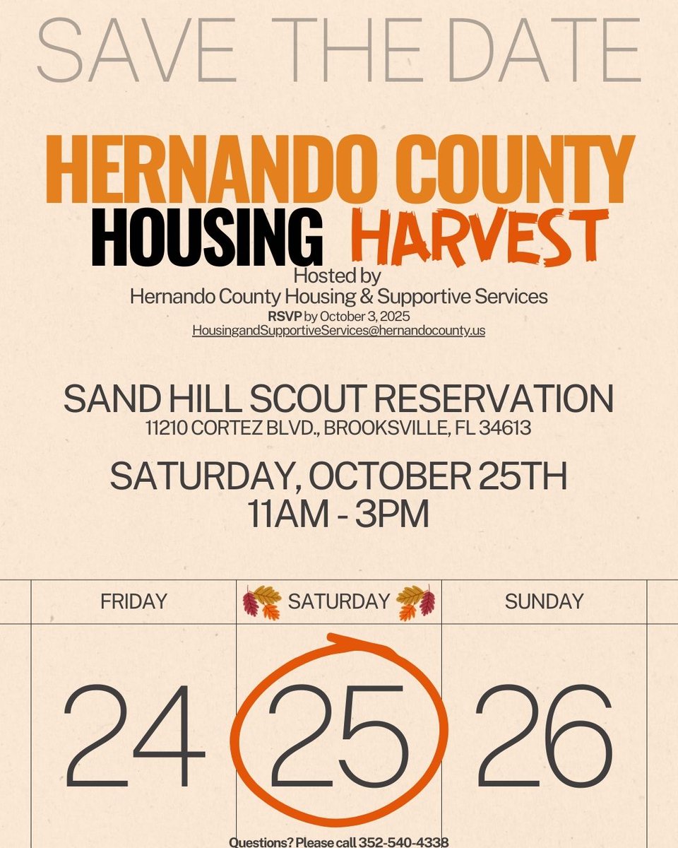 Hernando County Housing and Supportive Services invites residents to celebrate community connections at the Hernando County Housing Harvest, a free public event on October 25, 2025, 11:00am to 3:00pm at the Sand Hill Scout Reservation, 11210 Cortez Blvd., Brooksville, FL 34613.