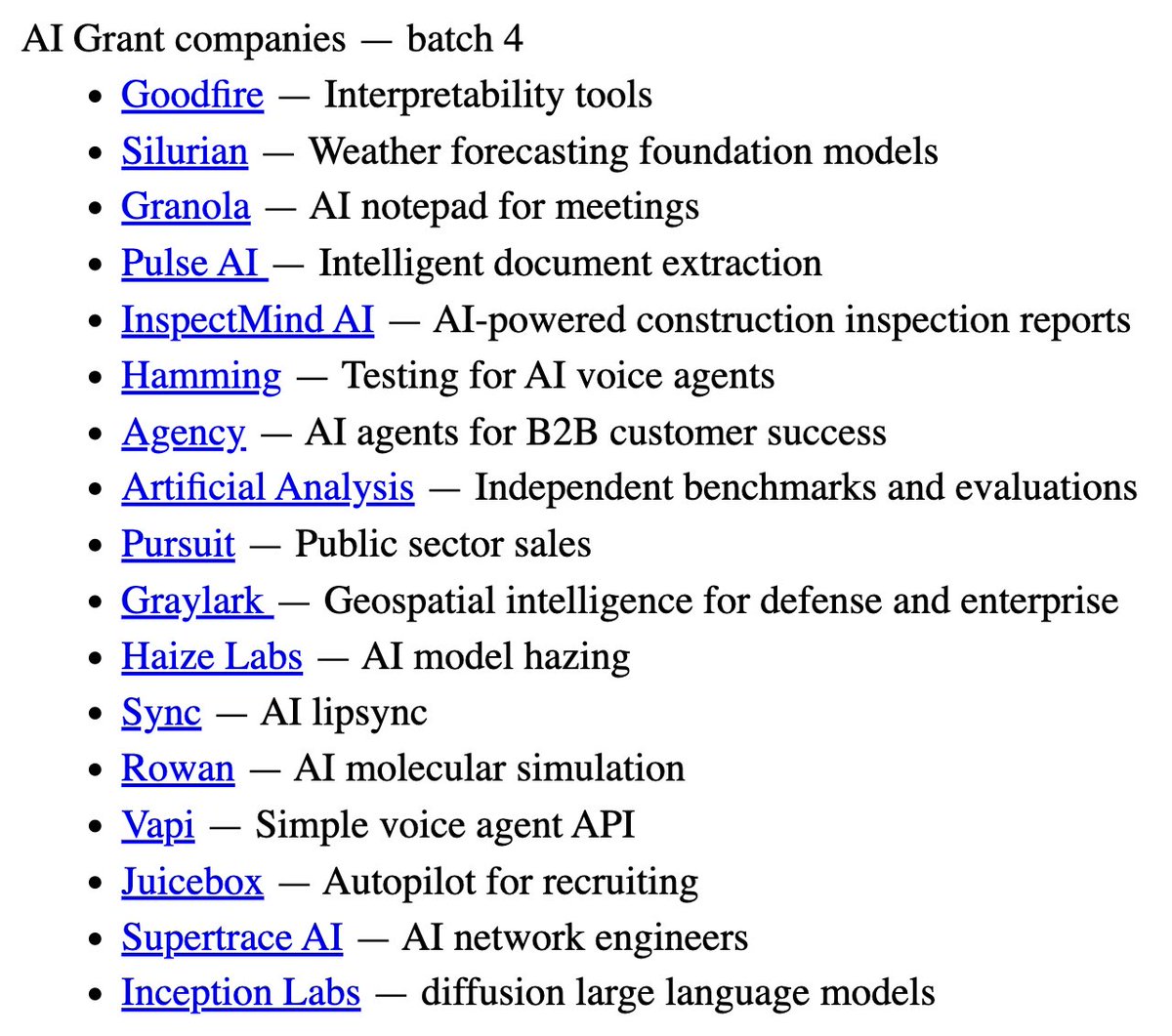 Cool to see two of our portcos in the last <a href="/aigrant/">AI Grant</a> batch

Keep crushing it <a href="/Pulse__AI/">Pulse</a> <a href="/HammingAI/">Hamming</a>