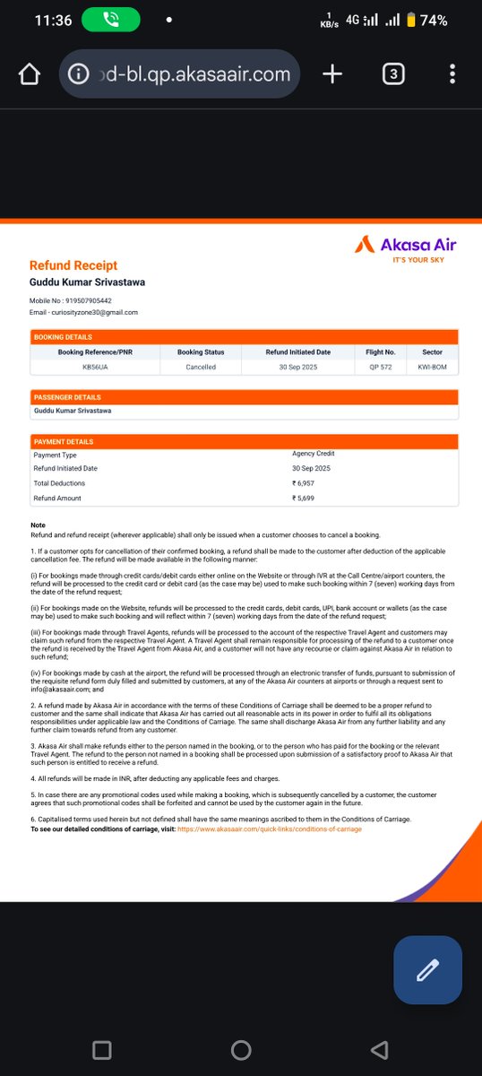SelectionTalks's tweet photo. Yesterday I contacted to Flipkart travel support and they told me that I will get full refund after deduction of 1059 platform charges. But on airlines website they shoes refund amount is 5699 after deduction of 6957. Totally doing fraud by Flipkart and their travel partner https://t.co/9sYelalJKh