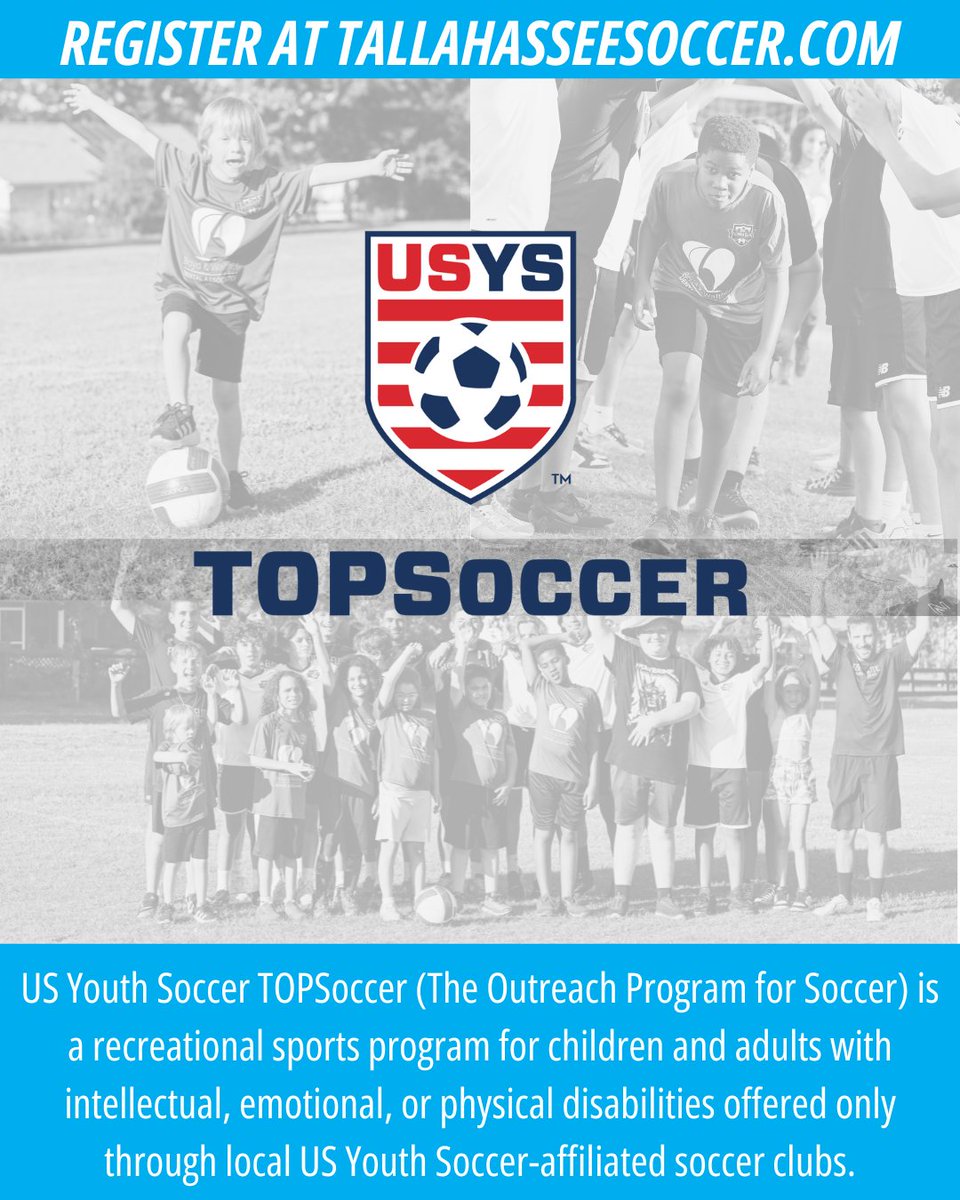 TOPSoccer REGISTRATION OPEN!!!  

TOPSoccer is an outreach program designed to allow special needs children the opportunity to play soccer with peers and volunteer buddies. The program is inclusive for players age 4 and up for any child, regardless of disability.