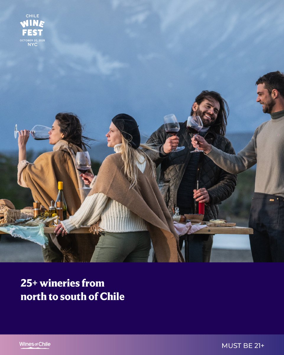 DrinkChile's tweet photo. ✨ Why Chile Wine Fest? ✨

Because on Oct 20, NYC becomes the stage for Chile’s best wines 🍷🇨🇱.
📍 Triangle Loft – +30 wineries
🥂 Tastings, food &amp; culture

🔗 Register here: https://t.co/RFZAErEetA 

#WinesOfChile #ChileanWine #NYC https://t.co/n0mmjn1kZA