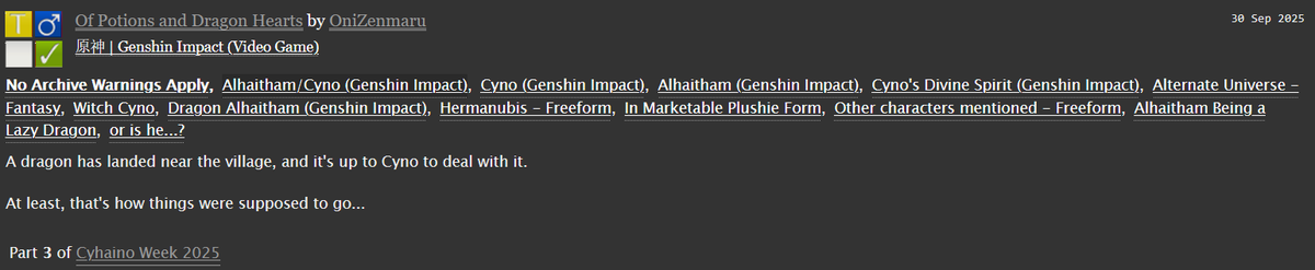 Day 3 prompt Fantasy AU for #CyhainoWeek2025!
archiveofourown.org/works/71604796