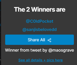 maosgrave's tweet photo. Congratulations to the winners!!!

@C0ldPocket 
@sanjisbelovedd 

I will be dming you soon!! https://t.co/cUxQpXPVw6