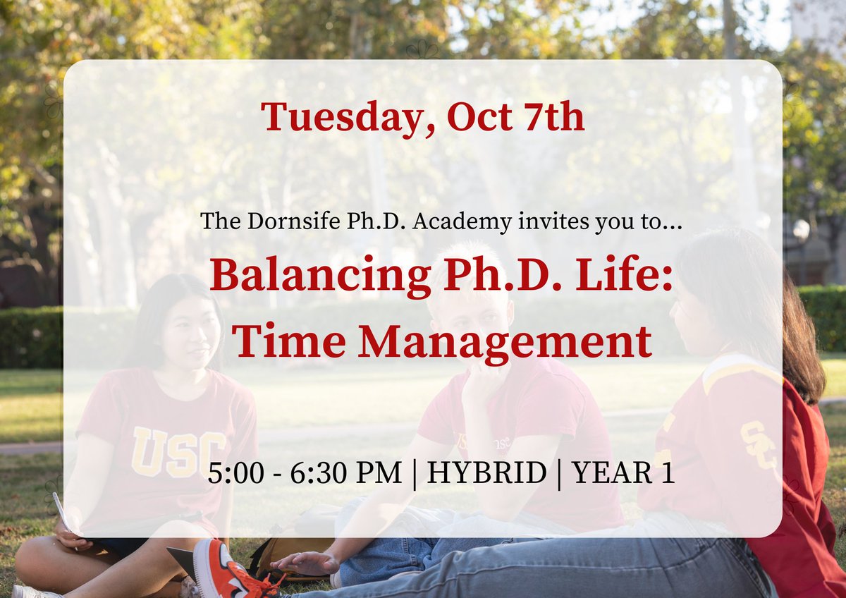 We welcome first-year students to join us for an interactive workshop, Balancing Ph.D. Life: Time Management. Experienced students will share strategies to save time &amp; meet deadlines, balance research &amp; life, and build sustainable habits for long-term success! 📕