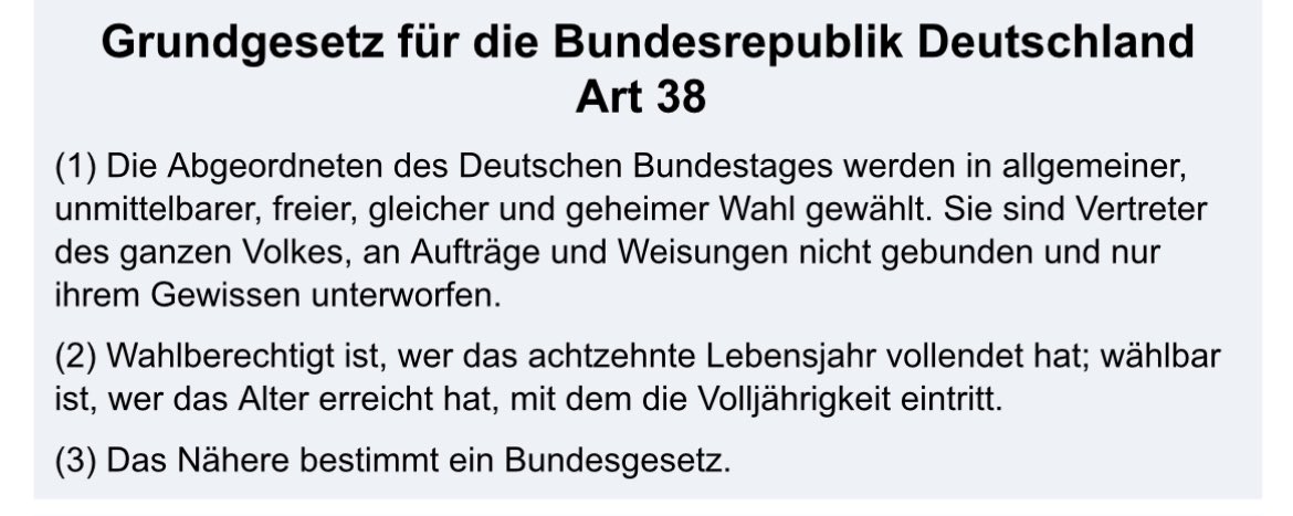 Ok das ist jetzt schon wild für eine Verfassungsrechtlerin. 

In dem Podcast mit Anne Will beklagt Frau Brosius-Gehrsdorf dass der Kanzler die Fraktionsdisziplin aufgehoben hat und dass Abgeordnete frei nach Gewissen entscheiden konnten. 

GG Artikel 38 (1)???