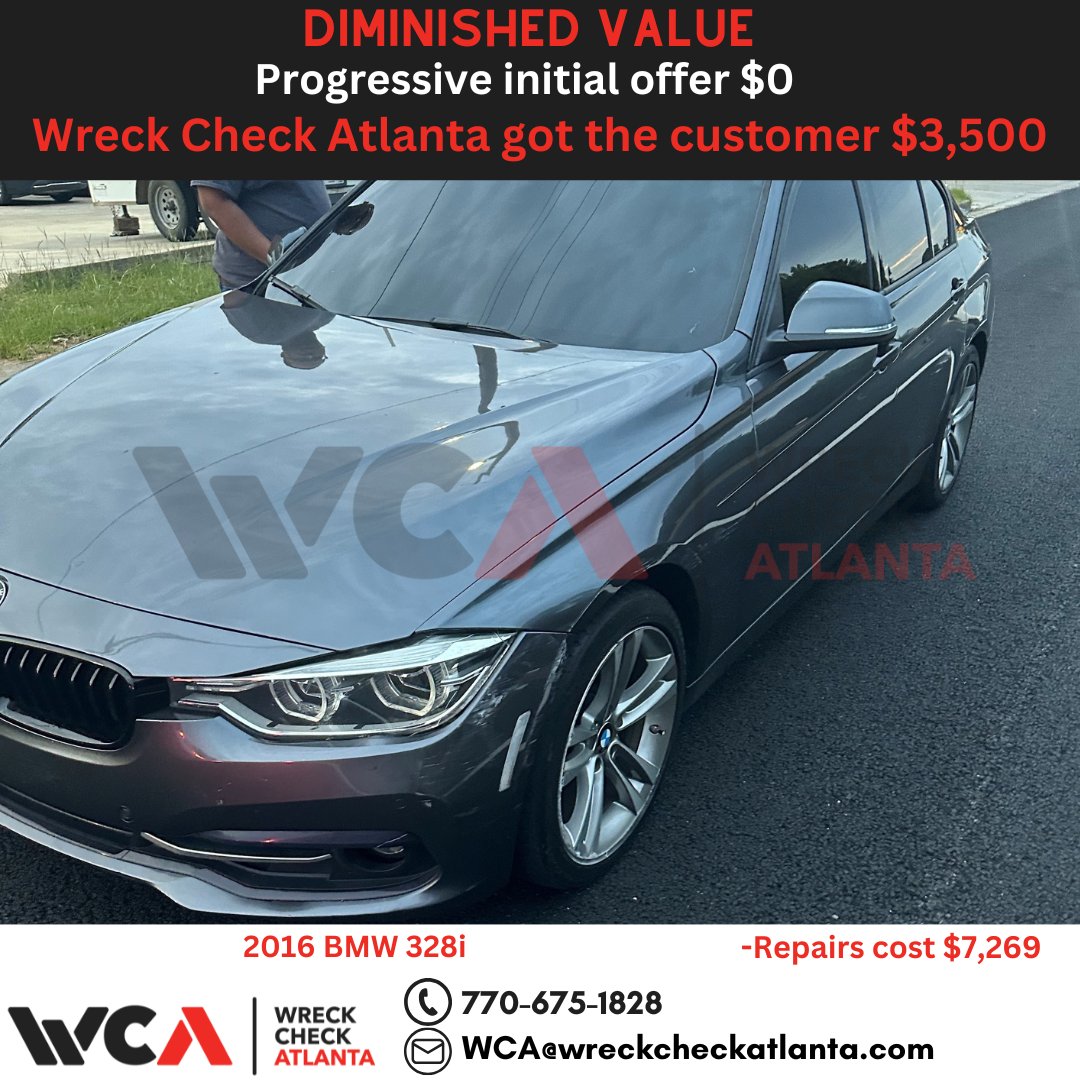 WreckCheckAtl's tweet photo. 2016 BMW 328i, first accident, $7,269 in repairs. Progressive said no DV due to 167k miles 😳 We stepped in as chosen appraiser → initial $825 offer → negotiated $3,500! Flat fee $450 🙌 #DiminishedValue #InsuranceWin #caraccident #insuranceclaim #wreckcheckatlanta https://t.co/BKXtQOthbr