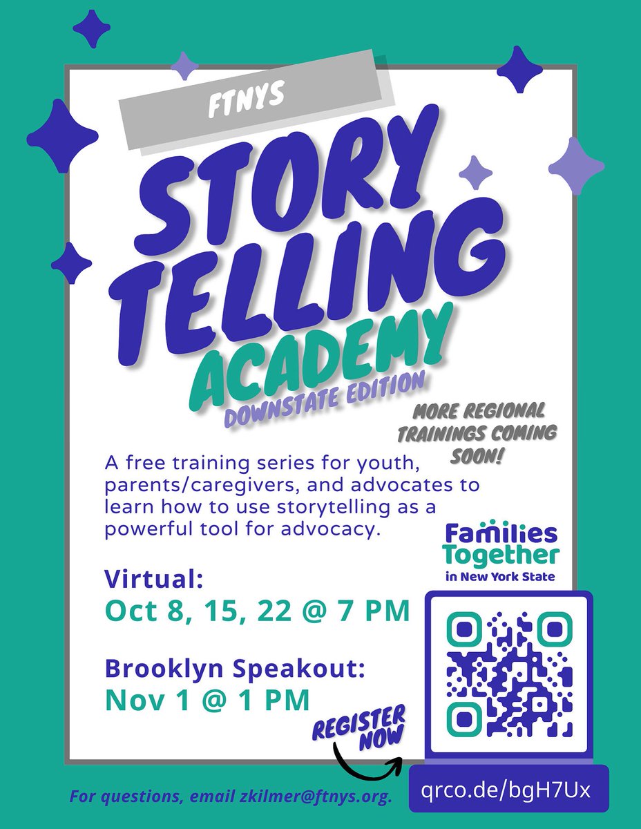 Join FTNYS Storytelling Academy: Downstate Edition!
Unlock the power of storytelling for advocacy with our training series. Perfect for youth, parents, caregivers, and advocates. 

Virtual:
-10/8, 15, 22 @ 7 PM

Brooklyn Speakout:
11/1 @ 1 PM

Register: qrco.de/bgH7Ux
