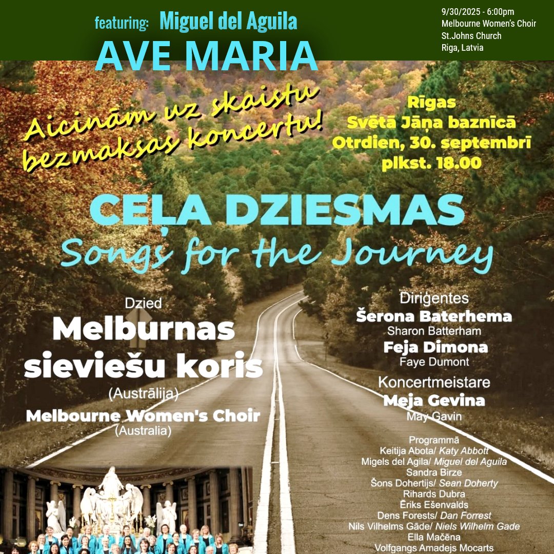 Excited to invite you all to another performance of my #AveMaria for #choir — this time in beautiful #Riga! After concerts in #Copenhagen and #Stockholm, the #MelbourneWomen’sChoir continues their tour tonight at Svētā Jāņa baznīca (St. John's Church) Sept 30 at 6:00pm.