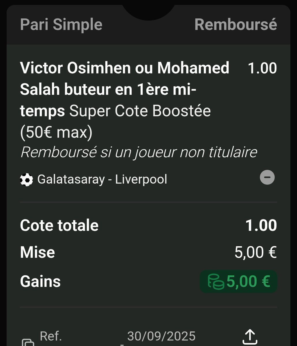 The_Benjar's tweet photo. Bonjour @UnibetFrance petite question : pourquoi ai-je était remboursé du pari fait sur "Osimhen ou Salah buteur en 1ere mi-temps" ?
Certe Salah n'est pas titulaire mais Osimhen a bien marqué lors de la 1ère période, la logique voudrait que le pari soit validé non ? 🤔🤔 #GALLIV https://t.co/lm8E4xBZzR
