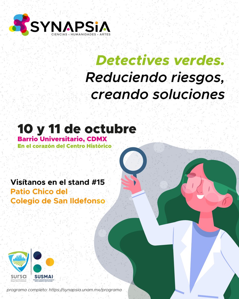 💥 ¡Se acerca #SYNAPSIA, el festival donde la ciencia, el arte y la humanidad se encuentran!✨

✨ ¡Ven a visitarnos en el stand 15, en el Patio Chico del Colegio de San Ildefonso!

🔗 Consulta el programa completo aquí: synapsia.unam.mx/programa

<a href="/DGDCUNAM/">Divulgación de la Ciencia, UNAM</a> <a href="/susmai_unam/">SUSMAI UNAM</a>