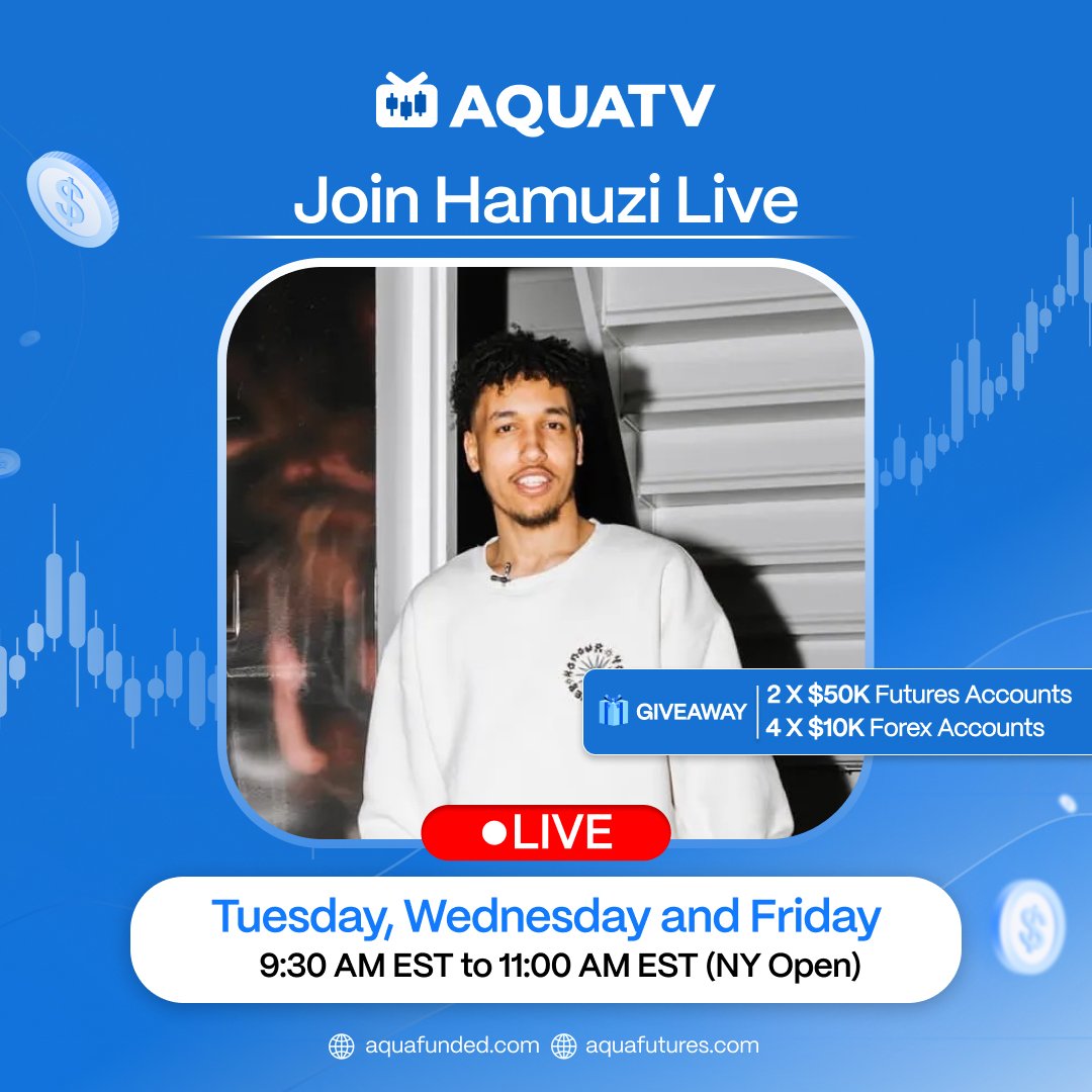 AquaTvLive's tweet image. AquaTV second streamer goes live tomorrow! 🎉

Join Hamuzi Live on AquaTV 🔴

📅 Tuesday, Wednesday, and Friday
⏰ 9:30 AM – 11:00 AM EST (NY Open)

🎁 Giveaways:
2 x $50K Futures Accounts
4 x $10K Funded Accounts

Don&apos;t miss out. More streamers announced soon. Link in bio.