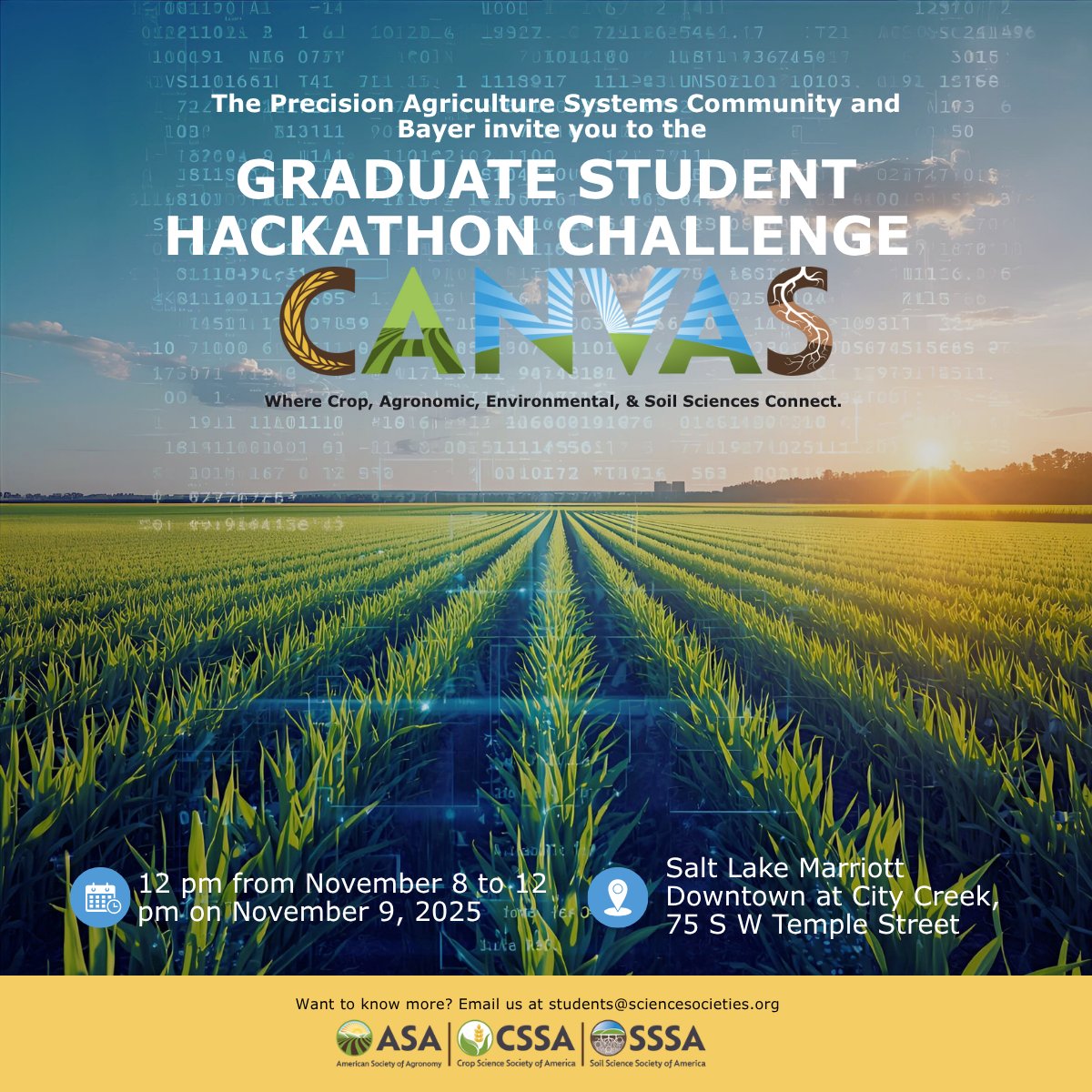 💡 Join the Graduate Student Hackathon Challenge at #CANVAS2025 in Salt Lake City! 

Solve real-world ag + data + AI challenges - sponsored by Bayer, with expert mentors &amp; industry leaders.  

✏️Register now:docs.google.com/forms/d/1L1Ozl…  #AgTech #DataScience #AI #GradStudent