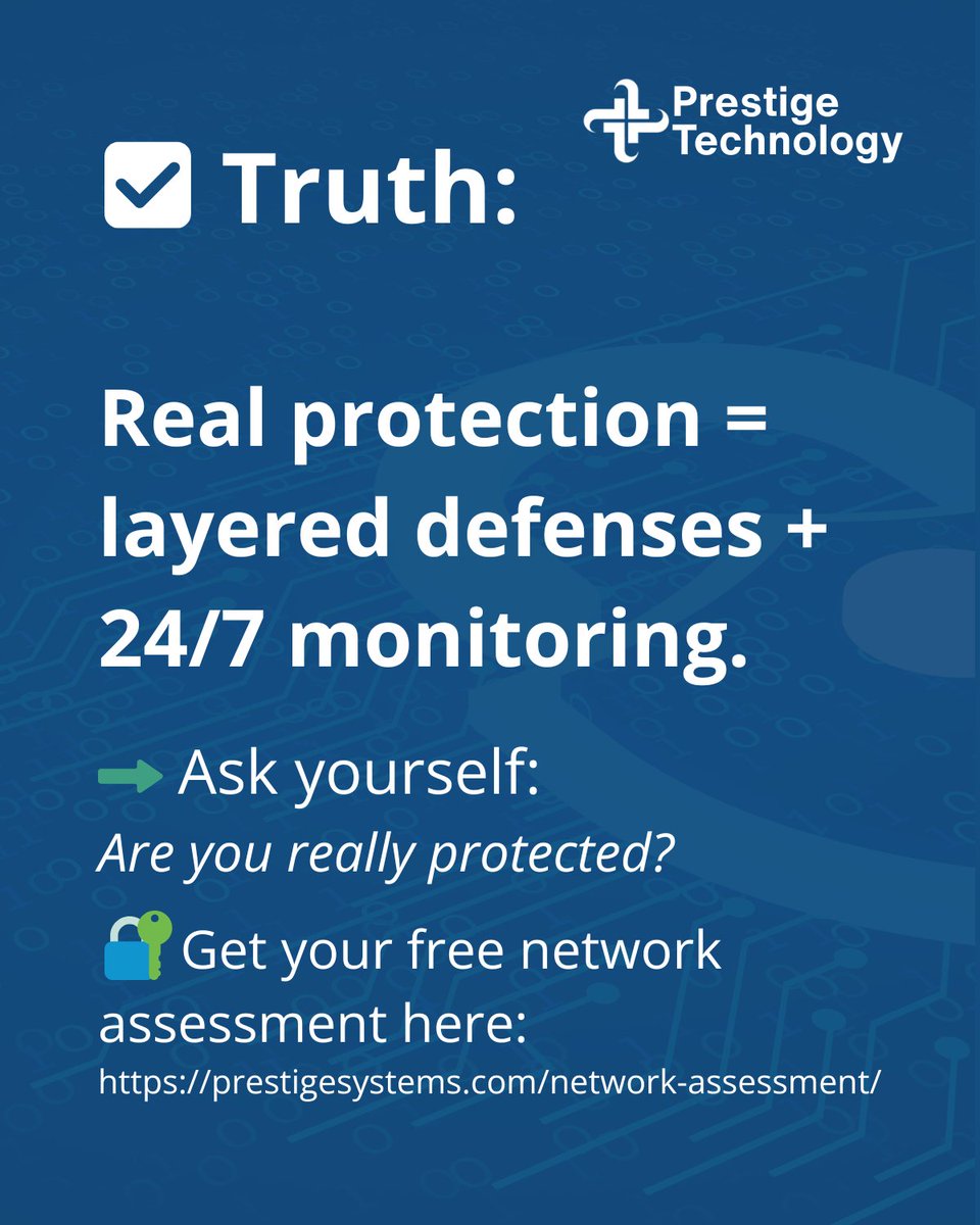 PrestigeTechSys's tweet image. 🔒 Myth vs Reality: Firewalls

💭 Myth: “We have a firewall. That’s enough.”
⚡ Reality: Firewalls only see so much. Zero-days, insiders, and stolen creds walk right through.
✅ True security = layers + 24/7 monitoring.

🔐 Free network assessment:
🛡️ prestigesystems.com/network-assess…