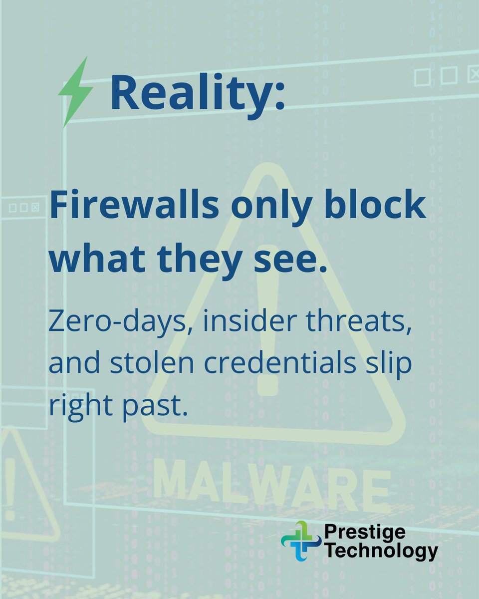 PrestigeTechSys's tweet image. 🔒 Myth vs Reality: Firewalls

💭 Myth: “We have a firewall. That’s enough.”
⚡ Reality: Firewalls only see so much. Zero-days, insiders, and stolen creds walk right through.
✅ True security = layers + 24/7 monitoring.

🔐 Free network assessment:
🛡️ prestigesystems.com/network-assess…