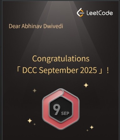 abhiNoobCodes's tweet image. 🚀 Day 92(30/09/2025) I #100DayOfCode
✅ Solved POTD of leetcode!
✅ Watched 2 vdo's from striver.
✅ solved 2 questions from leetcode!
✅ Worked on final yr project simulation on proteus8 !!
~~ finallyyy this badge for the first time ~~
#DSA #WebDev #LearnInPublic #POTD