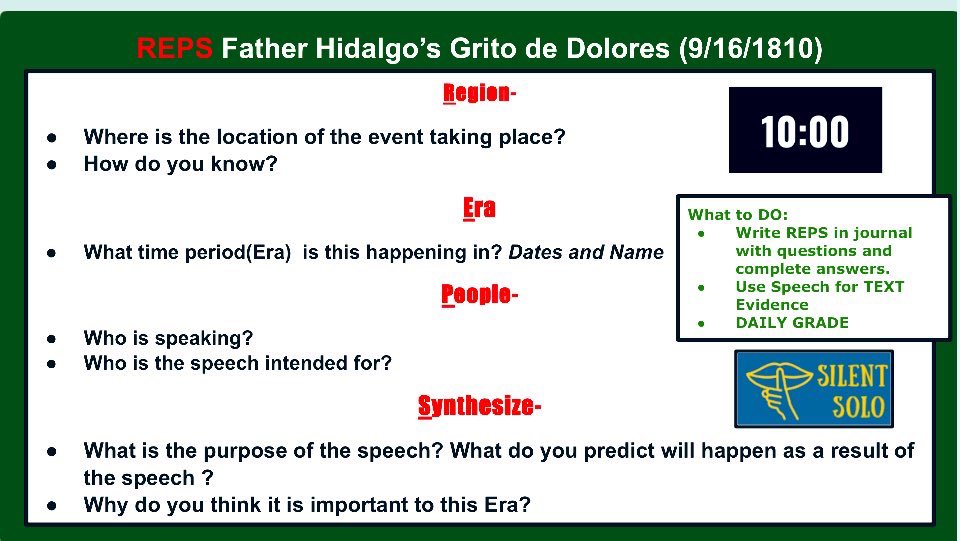 sweetsouthertea's tweet image. 7th Soc Stu Ss broke down
Hidalgo&apos;s Grito de Dolores Speech with REPS &amp;amp; ABBA discourse + evidence driving connections to the Mexican National Era! Way to go Mr. Landerosa
@Mead_Middle_ @dmk782 
@MrLara9 @DrJALucario
#StudentDiscourse @aniklt
@AldineEsl @AldineISD