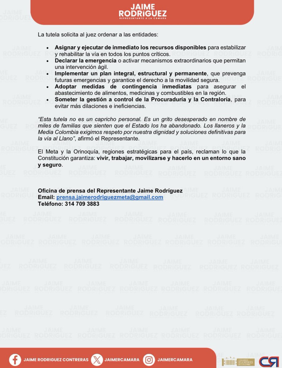 Presenté una acción de tutela para exigir soluciones definitivas frente a la crisis que vivimos en el Meta y la Orinoquía. La negligencia estatal mantiene a nuestra región aislada, afectando la vida, el trabajo, la movilidad y el futuro de miles de familias.

Los llaneros