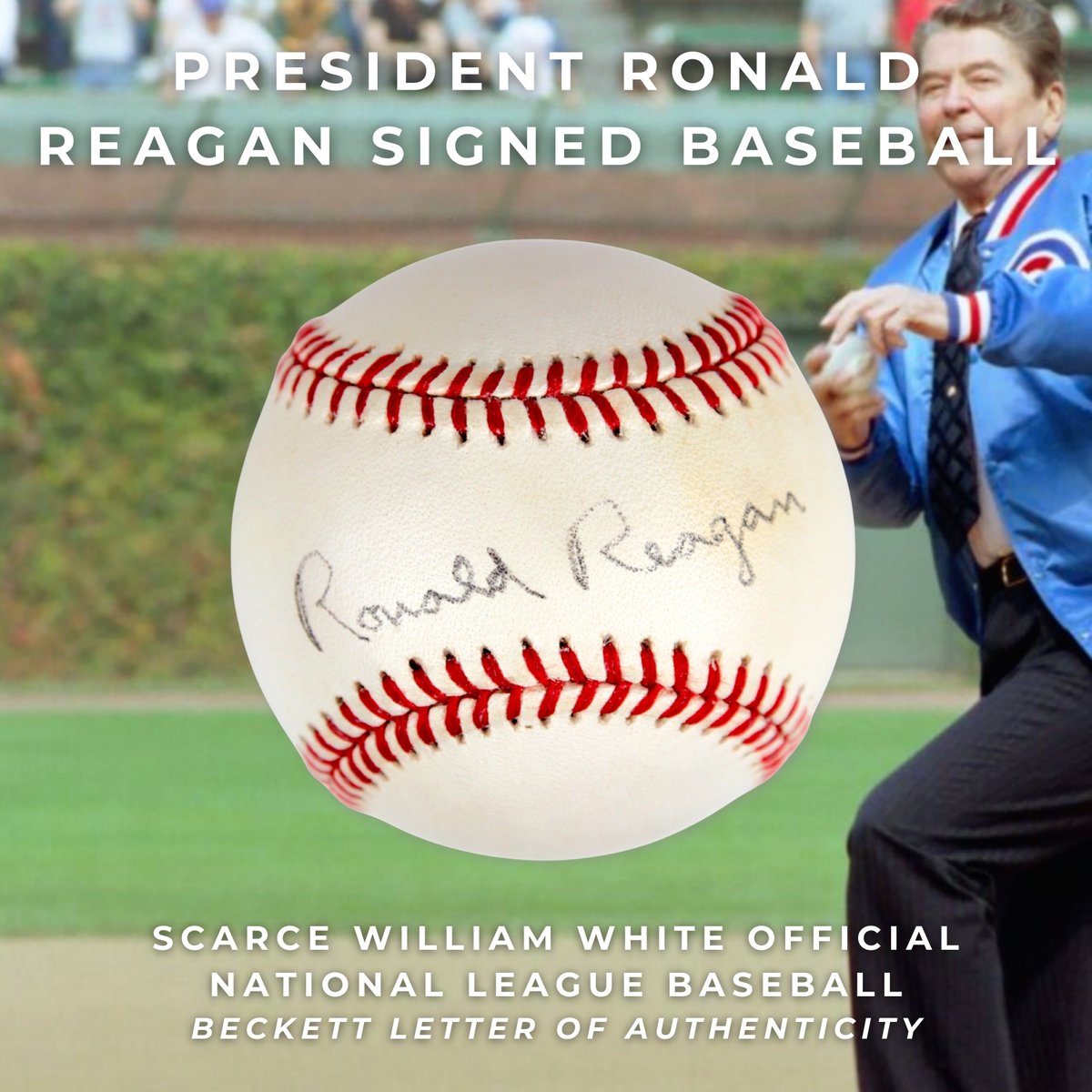 Ronald Reagan signed NL Baseball. The “Gipper” called Cubs games before Hollywood &amp; the presidency. Scarce signed ball from America’s 40th president.

Oct 16 | weiss.auction/auctions

#RonaldReagan #PresidentialAutographs