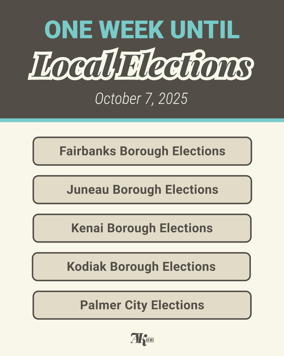 SAVE THE DATE: October 7th, local election day!

Local elections build the foundations of our communities, and in ONE WEEK, Alaskans across the state will have the chance to make their voices heard. Be prepared and start thinking about your voting plan today!
