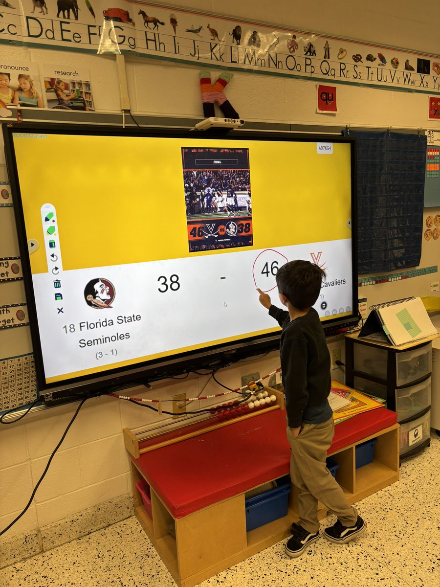 MsKteachK's tweet image. The kinders were so excited about @UVAFootball’s win - one even drew me this amazing pic (and she remembered the “winning score” was 46!) The other pic is me and all my emotions while watching the game 😂 #GoHoos