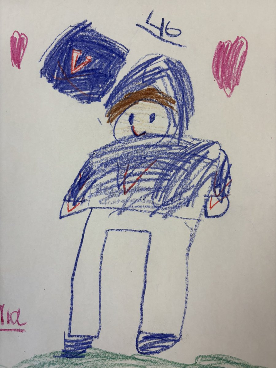 MsKteachK's tweet image. The kinders were so excited about @UVAFootball’s win - one even drew me this amazing pic (and she remembered the “winning score” was 46!) The other pic is me and all my emotions while watching the game 😂 #GoHoos