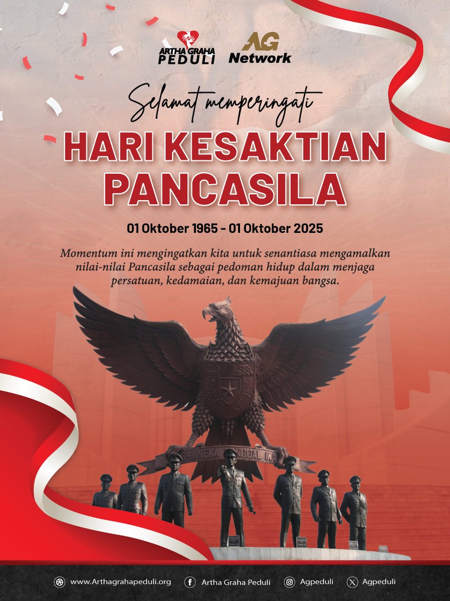Selamat Hari Kesaktian Pancasila, 01 Oktober 2025.

Mari jadikan Pancasila sebagai pedoman hidup untuk menjaga persatuan, menumbuhkan kedamaian, dan bersama-sama membangun kemajuan bangsa.

#HariKesaktianPancasila #01Oktober #Pancasila #IndonesiaMaju