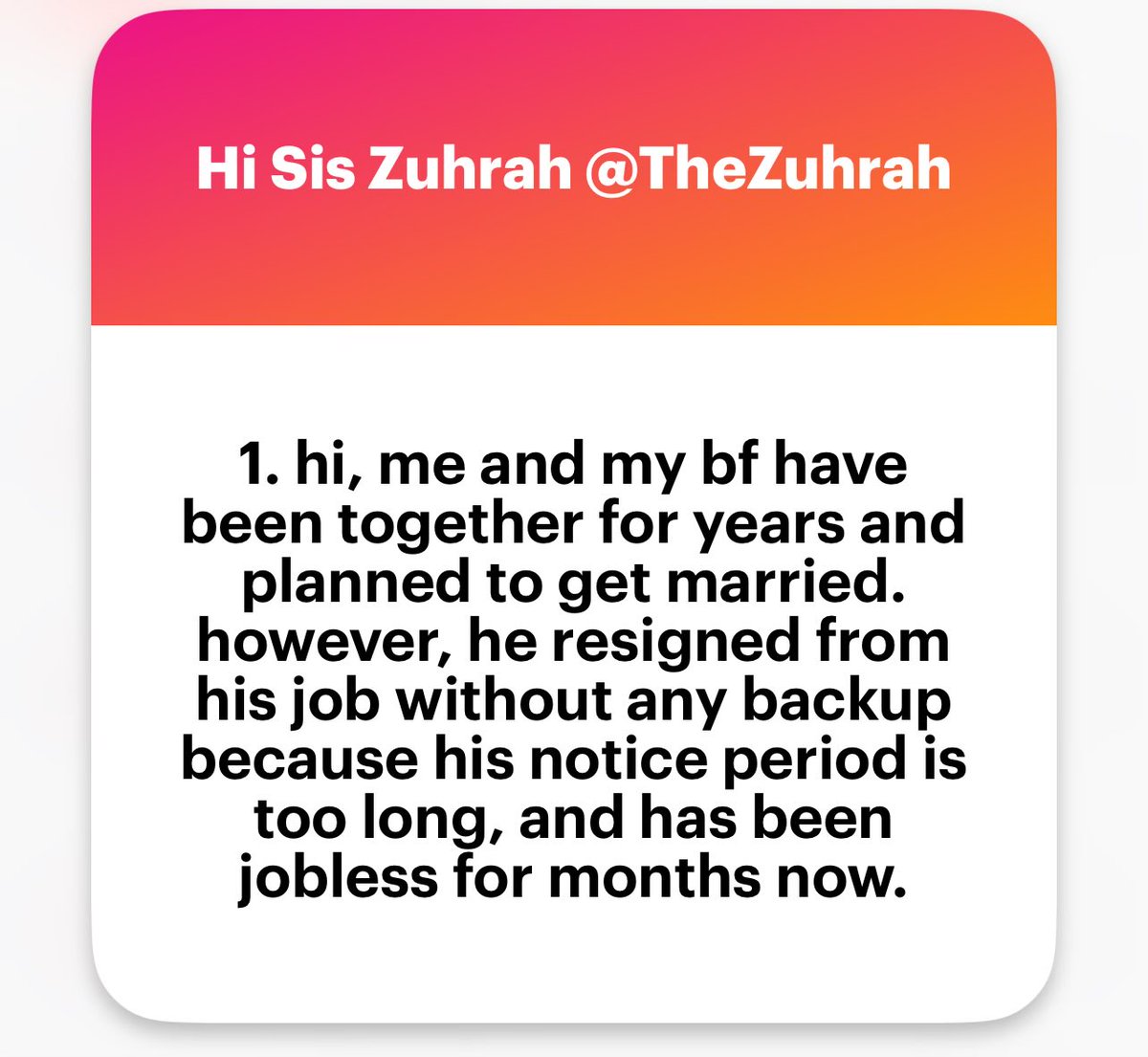 zuhrahx's tweet photo. Bakal tunang berhenti kerja & struggle untuk dapat kerja lain.
I just wanted to say, you already state your boundaries. Which is good.
Sebab dynamic sebelum kawin dgn lepas kawin berbeza. Good partner before marriage ≠ good partner after
#curhat #datingphase https://t.co/rHb27824JF