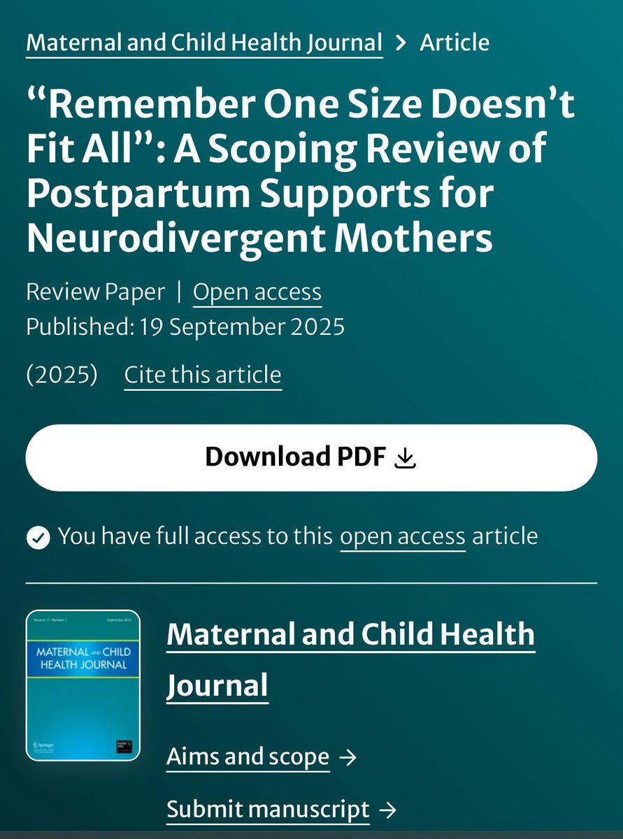 “Remember One Size Doesn’t Fit All”: A Scoping Review of Postpartum Supports for Neurodivergent Mothers

Review Paper
Open access
Published: 19 September 2025 “ 

link.springer.com/article/10.100…