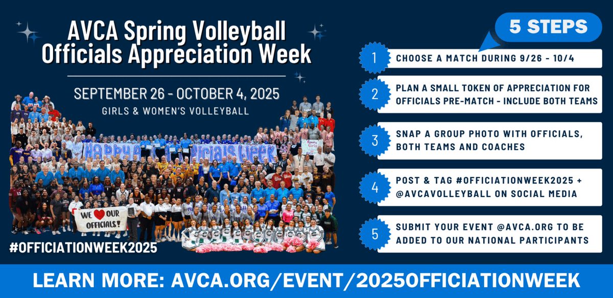 AVCA Fall Volleyball Officials Appreciation Week
Girls and Women’s Volleyball
September 26 – October 4, 2025
 
Since 2021, #OFFICIATIONWEEK has grown into a proud tradition, uniting over 2,000 volleyball teams—from elementary to pro levels—across 48 U.S. states and beyond.