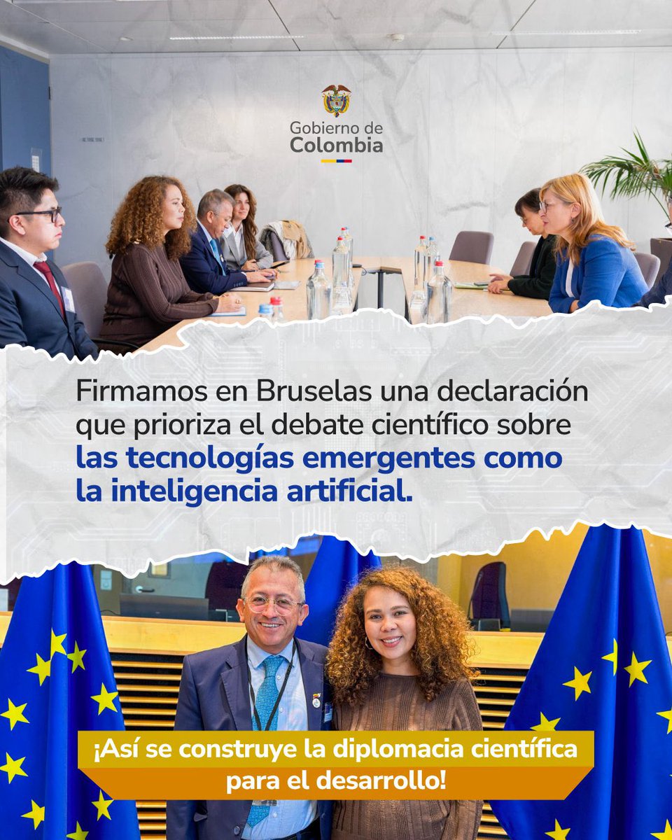 🇨🇴🤝🇪🇺 Desde Bruselas, Colombia firmó una declaración conjunta UE–CELAC que prioriza el debate científico sobre inteligencia artificial y tecnologías emergentes.

Con la representación de la ministra <a href="/YeseniaOlayaR/">Yesenia Olaya Requene</a>, en el marco de la Presidencia Pro Témpore de la CELAC que ejerce