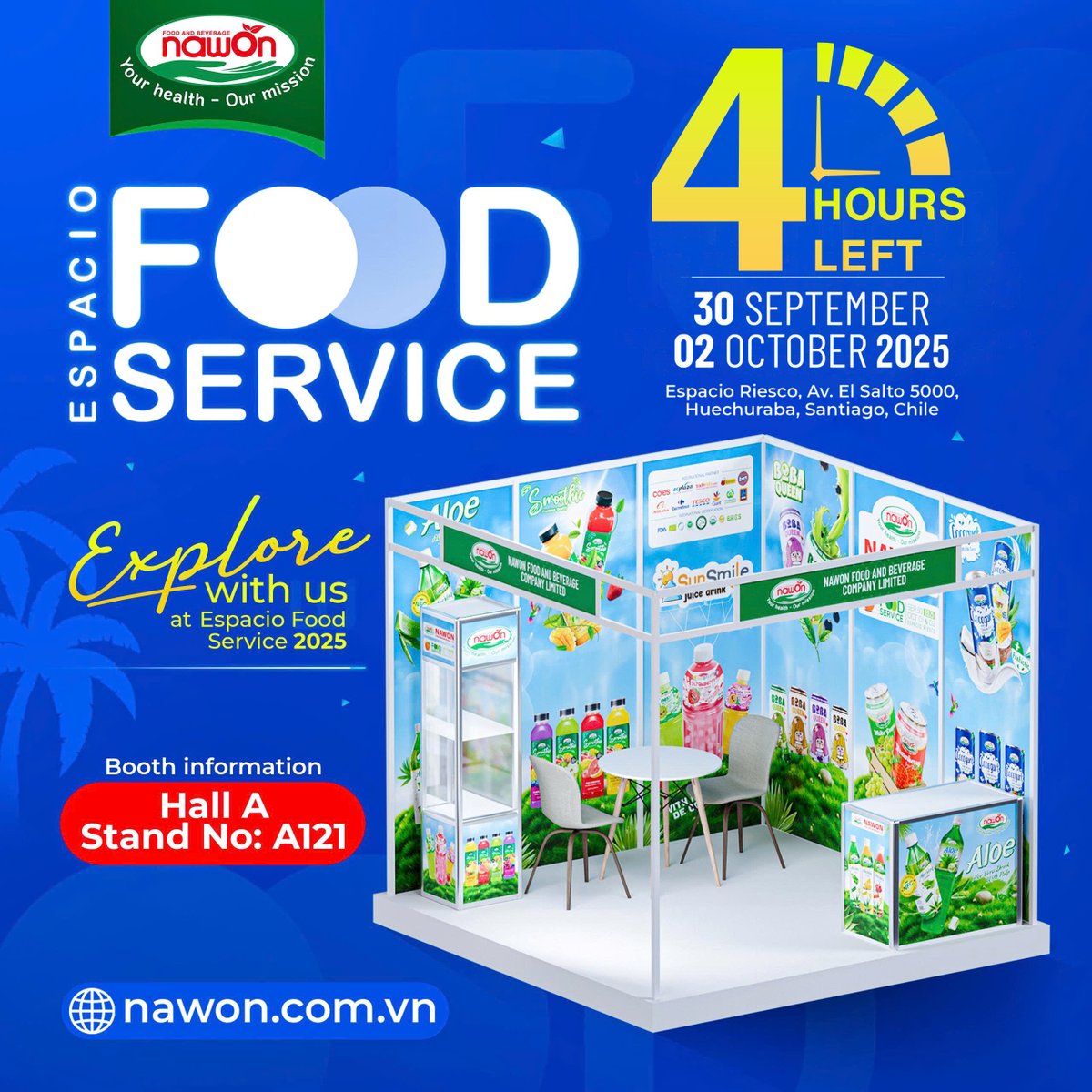 nawonbev's tweet photo. 💫 In less than 4 hours, Nawon’s journey at Espacio Food &amp; Service 2025  will begin!

👉 Don’t forget to visit Nawon – we can’t wait to see you at our booth!

https://t.co/6YFaf75uDb
#Nawon #Vietnam #FoodandBeverage #Wholesale #OEM #EspacioFoodService2025 #Chile https://t.co/2qNilGL5fV