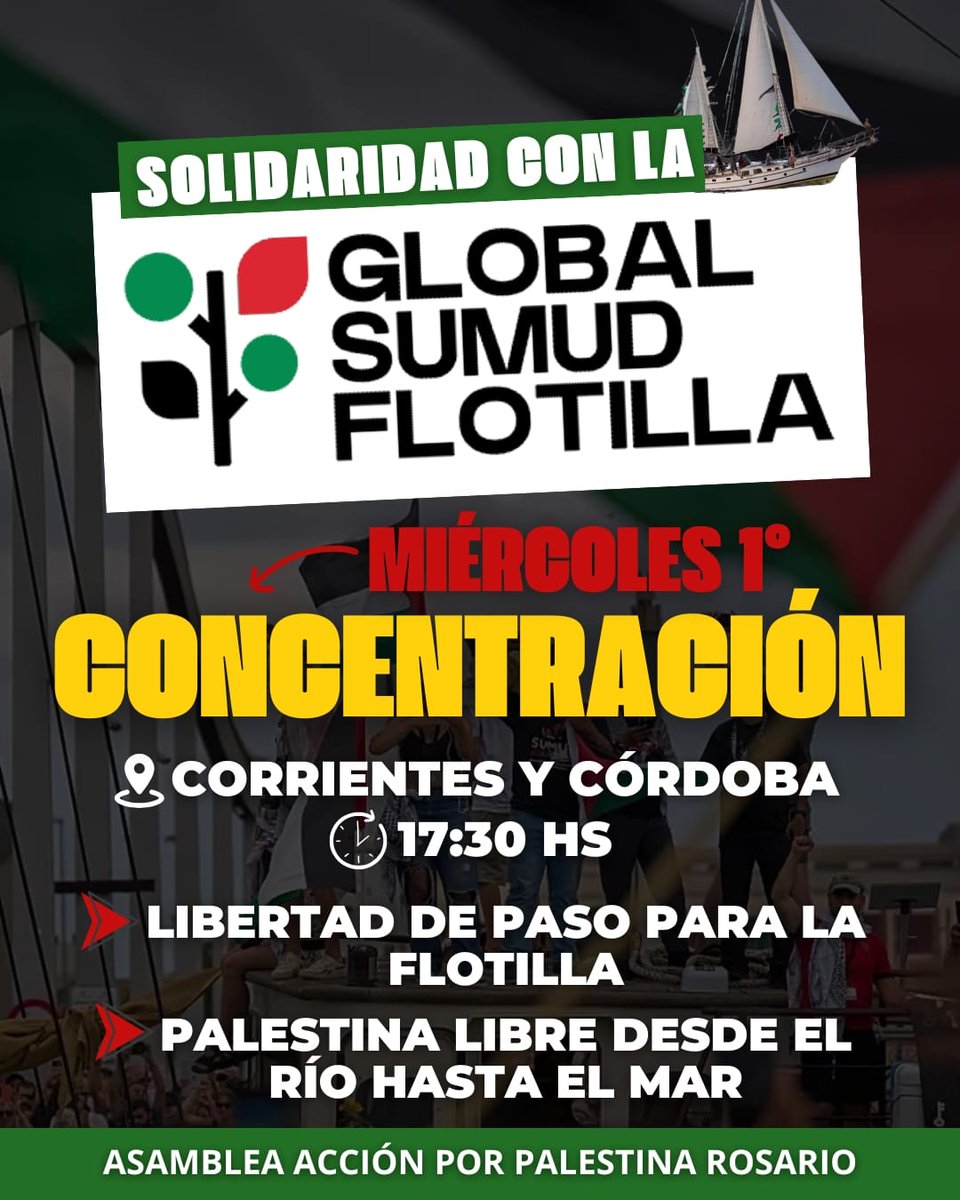 Estamos viendo en vivo cómo la flotilla con ayuda humanitaria hacia Gaza va a ser interceptada. La impunidad del Estado genocida de Israel es brutal. Mañana en Rosario llenamos las calles repudiando el genocidio y en apoyo a la flotilla.