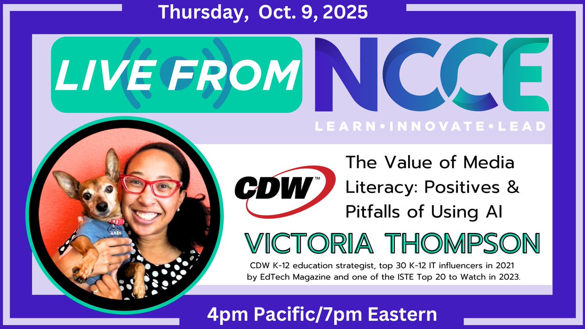 TammyDunbar's tweet image. Coming up next on the 10/9 episode of   #LiveFromNCCE - the inspirational AI guru @VictoriaTheTech - 4pm Pacific/7pm Eastern - click here to join the #BestFreeEdTechPD from @NCCE_EdTech ! NCCE.link/live #IAmNCCE