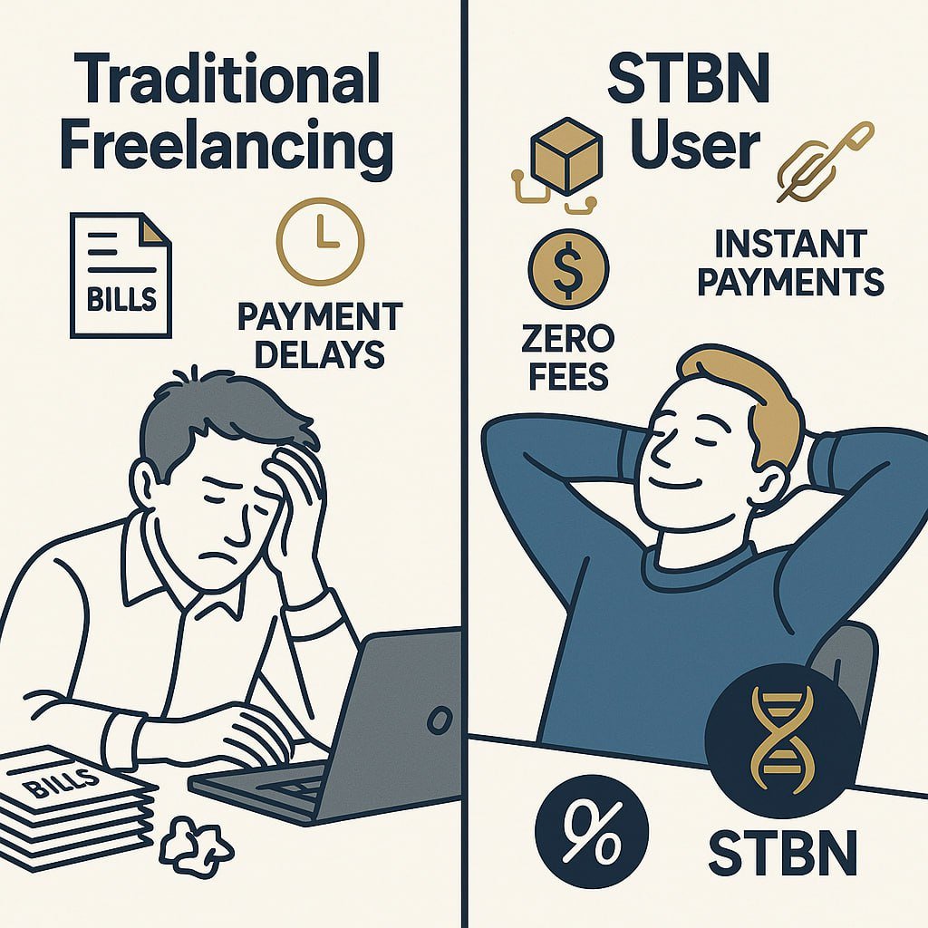 STBNExchange's tweet image. Problem/Solution ❌ Traditional freelancing: High fees, payment delays, trust issues ✅ STBN Solution: • Zero-fee skill trading • Instant blockchain escrow • NFT-based reputation certificates • Community-driven marketplace The future of work is here! 🚀 #STBN #TimeBank