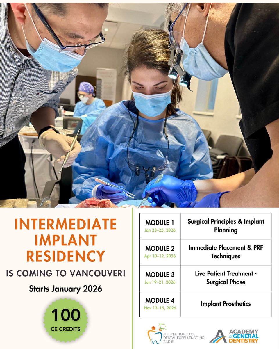 TIDE4Teeth's tweet photo. Now Enroling: Vancouver Intermediate Implant Residency. Ready to step beyond the basics and master more complex implant procedures? This intensive advanced-level program is designed for dentists who already place implants &amp; are looking to refine their surgical &amp; prosthetic skills https://t.co/09IJd60fpJ
