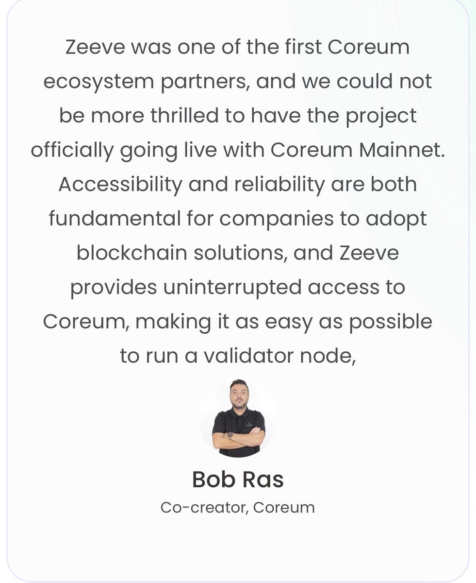 CoreumWarrior's tweet image. That’s why @0xZeeve was one of the first @CoreumOfficial ecosystem partners. Now live on mainnet, Zeeve makes it effortless to run validators with uninterrupted access. ⚡

$COREUM isn’t just building tech it’s building adoption. 🚀

#Coreum #Zeeve #BuiltOnCoreum