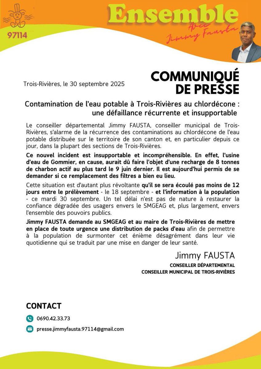 Ça suffit ! 12 jours entre le prélèvement positif au #chlordecone à l’usine de Gommier  et l’information à la population ; des filtres à charbon qui devaient être changés avant le 9 juin dernier ; je demande au #SMGEAG des explications et une distribution de bouteilles d’eau. ⤵️