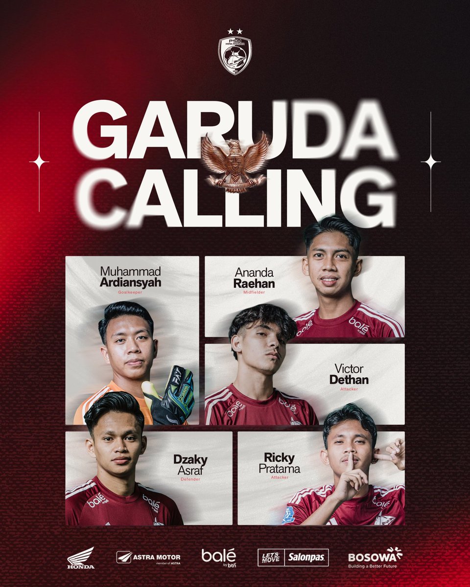 𝑮𝒂𝒓𝒖𝒅𝒂 𝑪𝒂𝒍𝒍𝒊𝒏𝒈 📞

Ardiansyah, Dzaky Asraf, Ananda Raehan, Victor Dethan &amp; Ricky Pratama mendapat panggilan untuk mengikuti pemusatan latihan dan uji coba internasional TimNas Indonesia dalam rangka persiapan Sea Games 2025 cabang olahraga Sepak bola.

#EwakoPSM