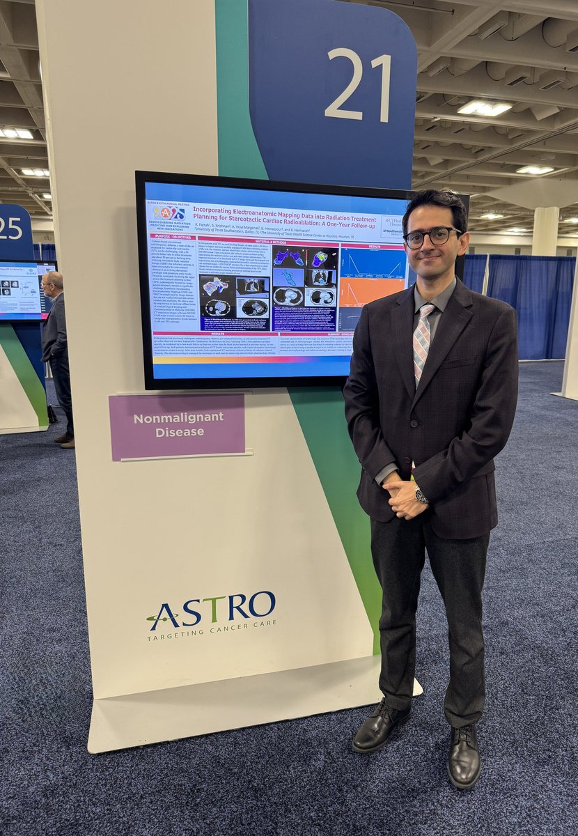 UTSW_RadOnc's tweet image. Medical resident in our department and #ASTRO25 ROI Innovation Award Winner, Dr. @KhashiFattah, presented his poster entitled, “Incorporating Electroanatomic Mapping Data Into Radiation Treatment Planning for Stereotactic Cardiac Radioablation: A One-Year Follow-Up.”
