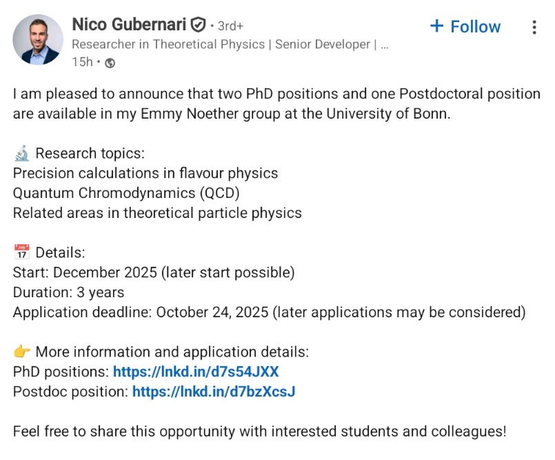 Graduate positions, University of Bonn.
Link 1: inspirehep.net/jobs/2969178
Link 2:inspirehep.net/jobs/2969853
<a href="/matajson/">Oluwaseun Ajayi, Ph.D. 🇳🇬 🇺🇸</a> <a href="/Ahmypeace/">Amaka Peace Chiemezie</a> <a href="/adedoyeean/">Ade</a> <a href="/anifel20/">Felo Anifel</a> <a href="/Kayodeoshinubi/">K.O.</a> <a href="/Olu_Jumob/">Oluwole Òtègbèmí</a> <a href="/olumuyiwaayo/">Olumuyiwa Igbalajobi, Ph.D</a> <a href="/particular6/">Adelabu</a> <a href="/Kayodeoshinubi/">K.O.</a>
<a href="/TSAdedara/">Toyosi Stephen Adedara</a> <a href="/SamdGreat01/">Samuel Ajayi, PhD 🇳🇬🗣️🌐</a>