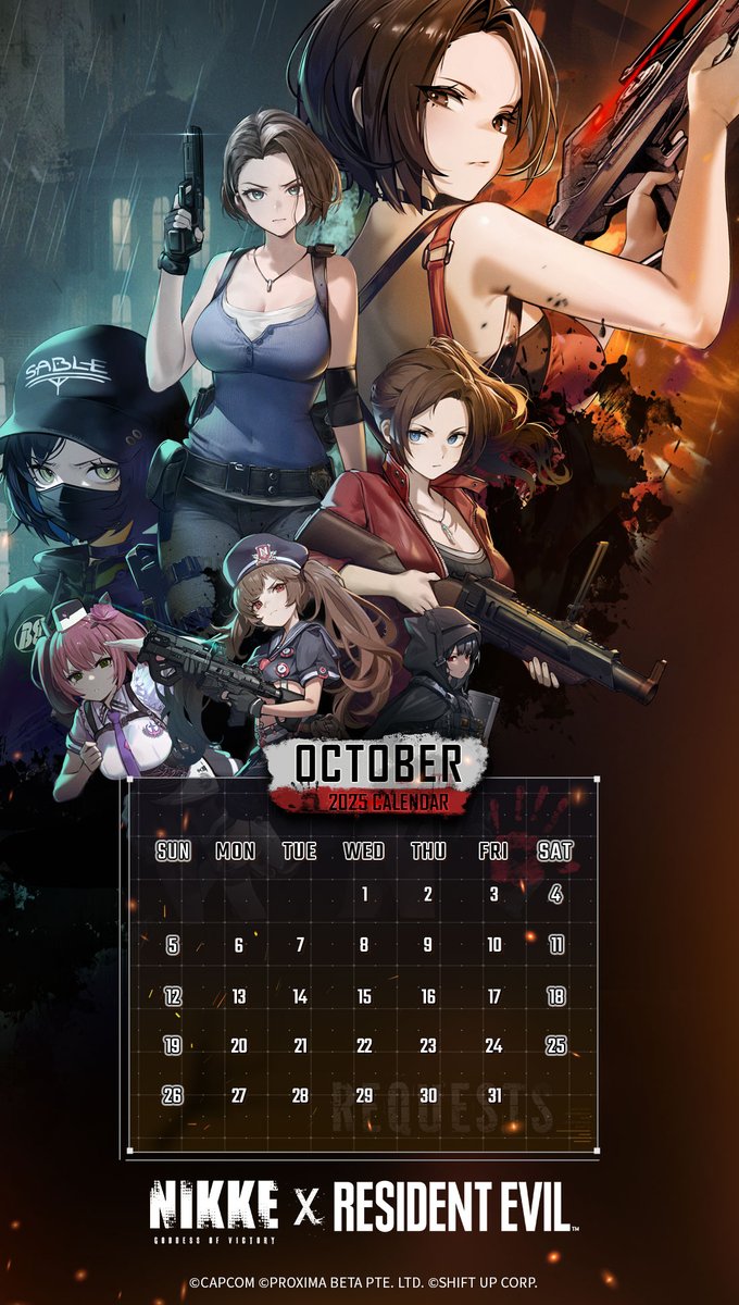 NIKKE_en's tweet photo. 【Calendar Distribution】

October is here! We are distributing a new calendar this month! 🎁

This month features the「GODDESS OF VICTORY: NIKKE」x「RESIDENT EVIL」collaboration! ✨

Set this as your wallpaper now! 😌

#NIKKE #NIKKExREBH #NIKKECollab https://t.co/5dgRfxWNC8