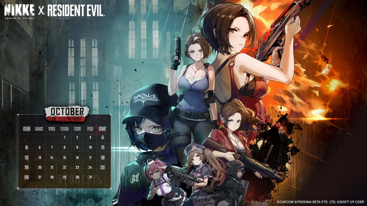 NIKKE_en's tweet photo. 【Calendar Distribution】

October is here! We are distributing a new calendar this month! 🎁

This month features the「GODDESS OF VICTORY: NIKKE」x「RESIDENT EVIL」collaboration! ✨

Set this as your wallpaper now! 😌

#NIKKE #NIKKExREBH #NIKKECollab https://t.co/5dgRfxWNC8