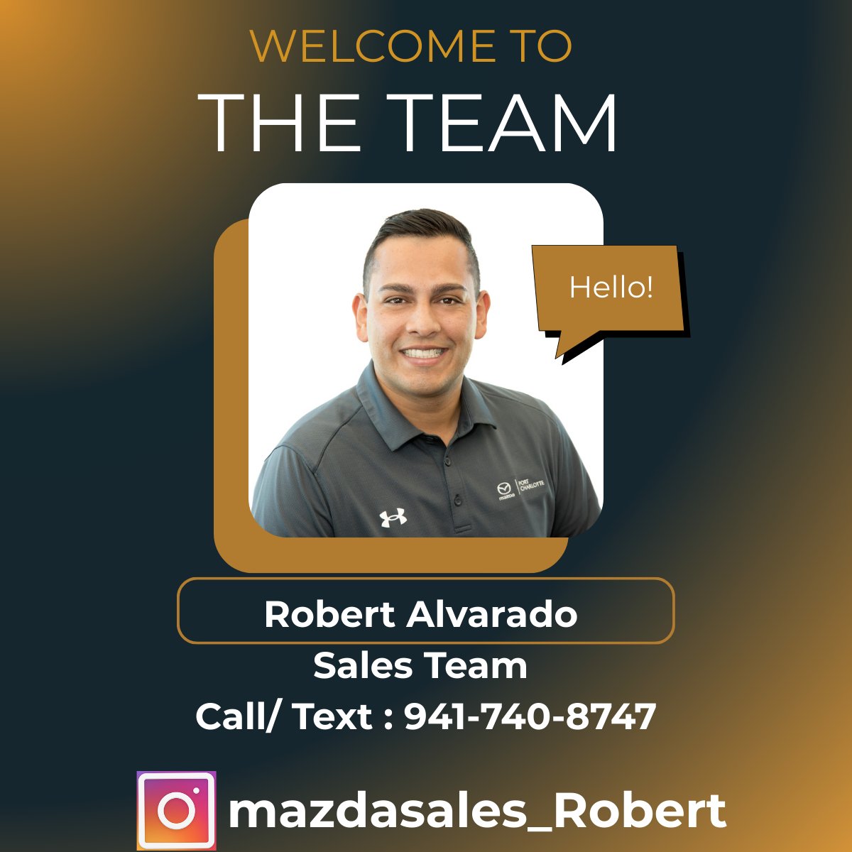 MazdaPortC's tweet photo. 👋 Welcome Robert Alvarado to the Mazda of Port Charlotte Sales Team! 🚗🎉

📲 Call/Text: 941-740-8747
📸 IG: @mazdasales_Robert

#MazdaOfPortCharlotte #MazdaLife #Welcome
#MazdaOfPortCharlotte #MazdaLife #WelcomeToTheTeam #CarBuyingMadeEasy https://t.co/OS9kfcqAnH