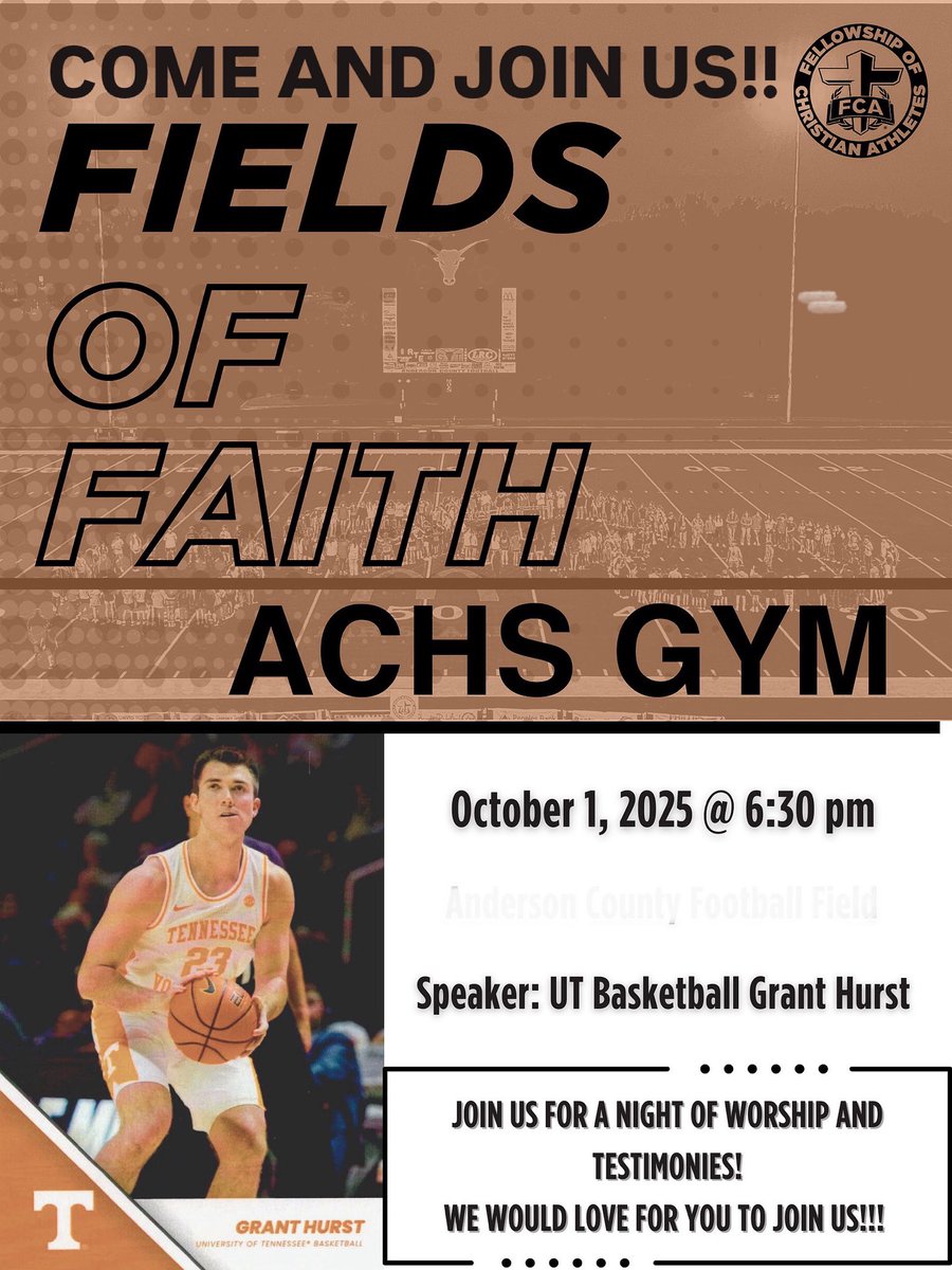 AC_FCA_'s tweet photo. 2025 FIELDS OF FAITH (“Courts of Faith”) is tomorrow night, Wed. Oct. 1, at 6:30pm in @ACHSMAVS gym! 
We will have @Vol_Hoops Grant Hurst as our main speaker! 
Please join us &amp; share this!
@ACSchoolsTN @ACHSMAVBaseball @ACHSMavsGolf @ACMav4Life @ACHSSoftball https://t.co/HdcUOYaBI0