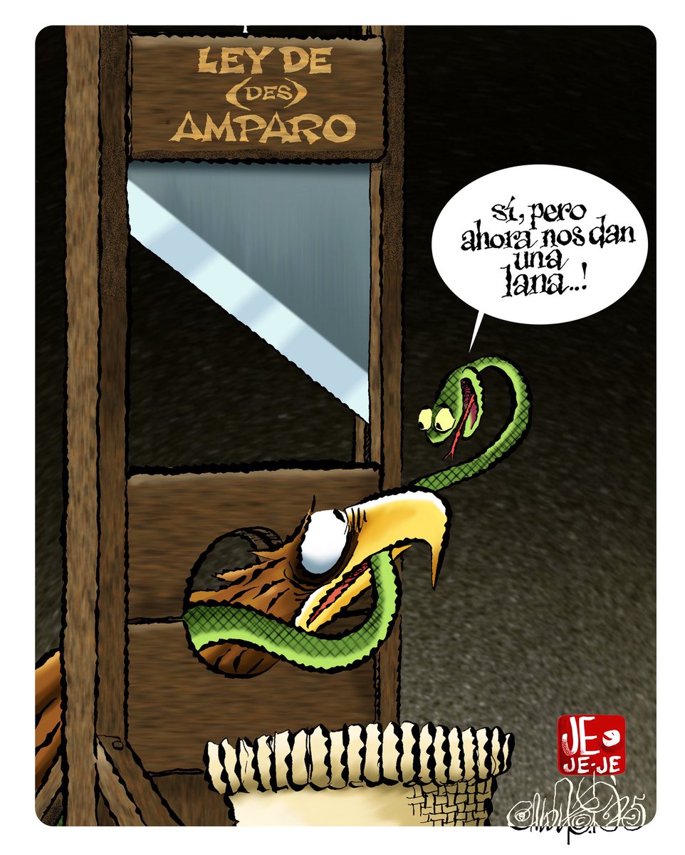 Cuando la “Ley de (des)Amparo” se convierte en guillotina, el águila y la serpiente ya no discuten por la patria… ahora se conforman con que les caiga una lana. 🪓🐍🦅

Por <a href="/CartonCalderon/">PacoCalderónCartones🇲🇽❤️🇺🇦❤️🇮🇱</a> 

#jejejepolitica