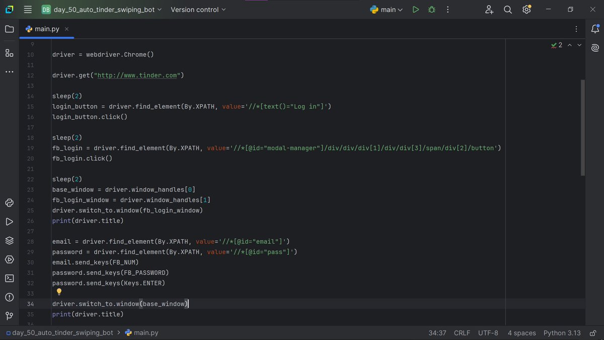 bluedev_py's tweet image. Day 50/100 – Intermediate+
> Selenium WebDriver
> Built an automated Tinder swiping bot
#100DaysOfCode
#pythonprogramming
#pythononlinetraining