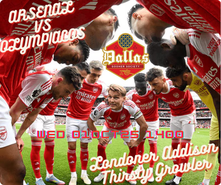 In baseball, weekday afternoon games are called “the businessman’s special” because it is an excuse to get out of the office. Come enjoy this afternoon game with other Gooners. <a href="/arsenalamerica/">Arsenal America</a> 

AFC v Olympiakos
📆 Wed 10/1
⏰2 PM 
📍Londoner Addison or Thirsty Growler