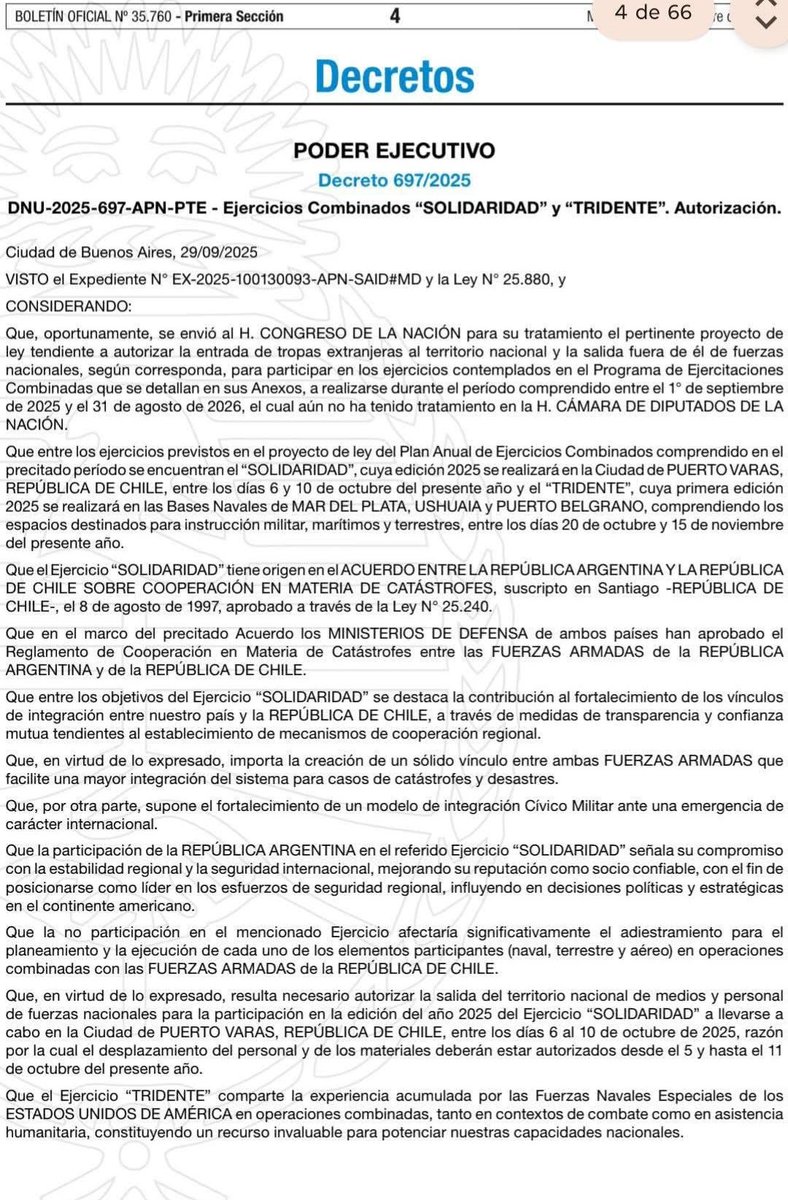 🚨AHORA🚨 Javier Milei acaba de firmar un Decreto que autoriza el ingreso de tropas estadounidenses a Argentina, facultad que solamente estaba reservada constitucionalmente al Congreso.
Javier Milei está entregando al país en mano de Estados Unidos.