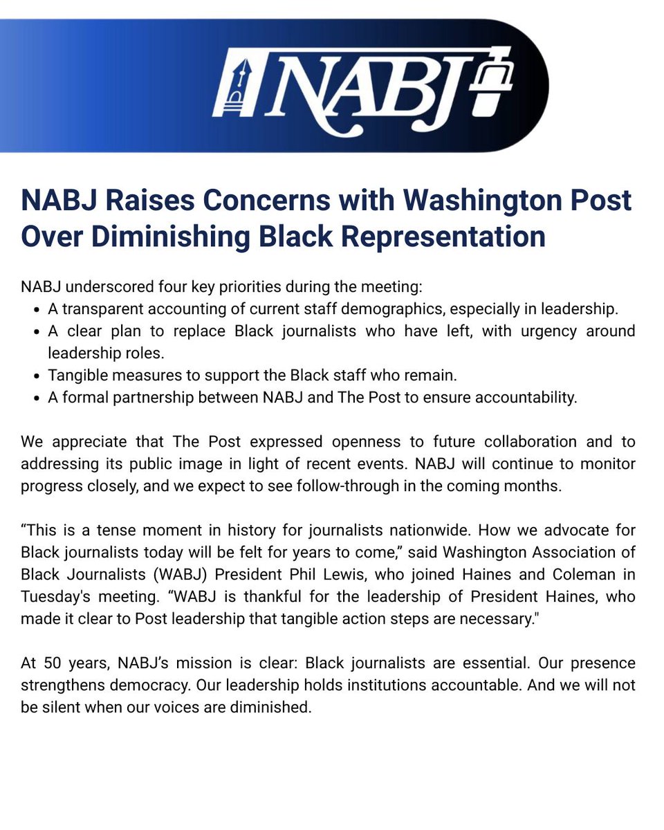 NABJ met with The Washington Post to raise urgent concerns over the diminishing representation of Black journalists following recent departures. We are calling for accountability, transparency, &amp; tangible action to ensure Black voices remain present in newsrooms.