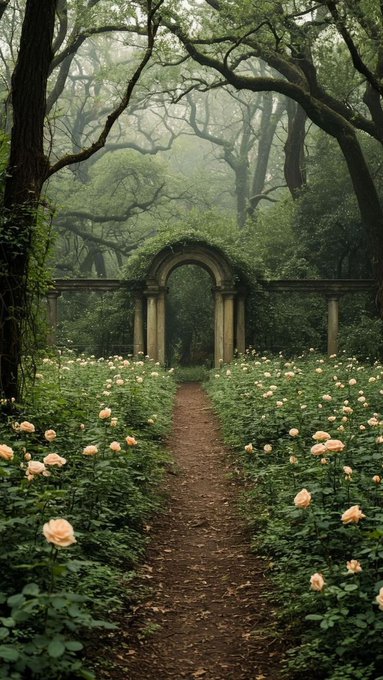 A dirt path lined with blooming roses and lush greenery, leading to a stone archway covered in vines. Tall trees with twisted branches form a canopy overhead, creating a misty, forested atmosphere.